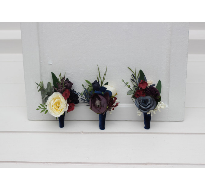 Wedding Boutonnieres and Wrist Corsage in Purple, Ivory, Emerald, Burgundy & Navy Blue