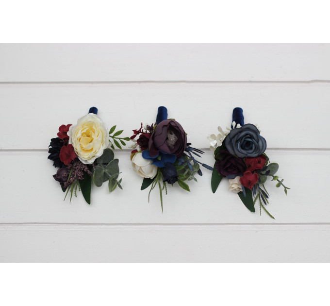 Wedding Boutonnieres and Wrist Corsage in Purple, Ivory, Emerald, Burgundy & Navy Blue