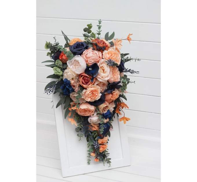 Peach & Navy Blue Cascading Bridal Bouquet – Elegant Faux Florals for Weddings