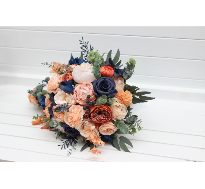 Peach & Navy Blue Cascading Bridal Bouquet – Elegant Faux Florals for Weddings