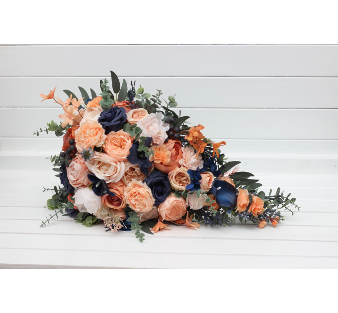 Peach & Navy Blue Cascading Bridal Bouquet – Elegant Faux Florals for Weddings