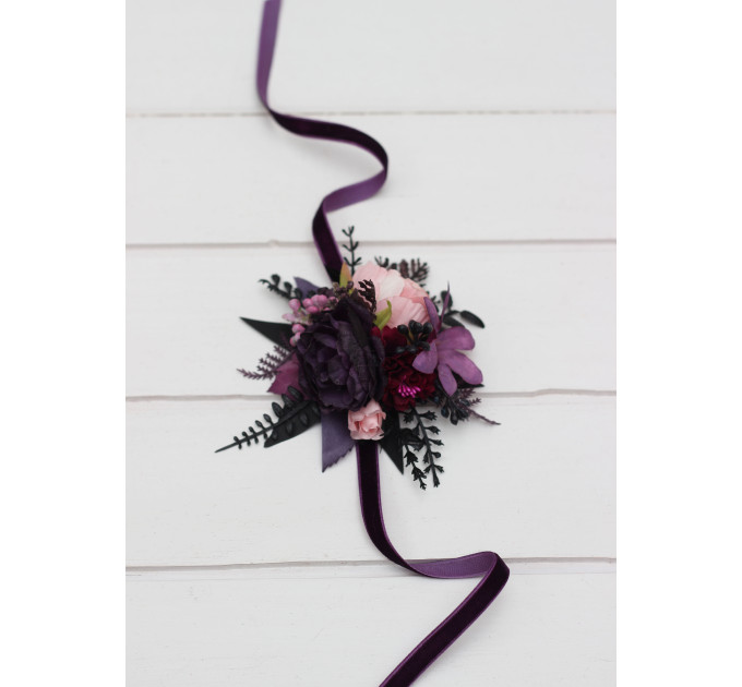 Wedding Boutonnieres and Wrist Corsage in Purple, Fuchsia, Pink & Black – Elegant Flower Accessories
