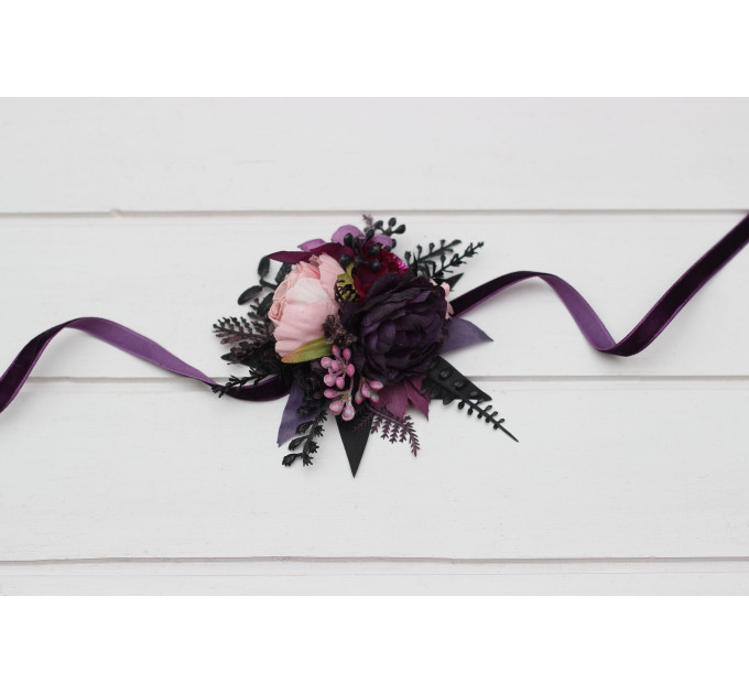 Wedding Boutonnieres and Wrist Corsage in Purple, Fuchsia, Pink & Black – Elegant Flower Accessories