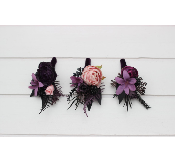 Wedding Boutonnieres and Wrist Corsage in Purple, Fuchsia, Pink & Black – Elegant Flower Accessories