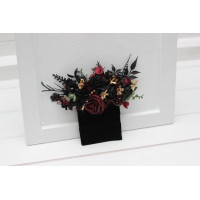 Pocket boutonniere in black burgundy gold color scheme. Flower accessories. Pocket flowers. Square flowers. 5305