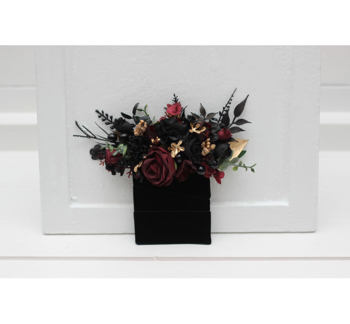 Black, Burgundy & Gold Pocket Boutonniere – Luxe Faux Square Floral Accessory