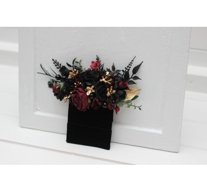Black, Burgundy & Gold Pocket Boutonniere – Luxe Faux Square Floral Accessory
