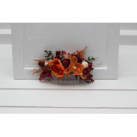 Flower comb in burnt orange red burgundy  color scheme. Wedding accessories for hair. Bridal flower comb. 5103
