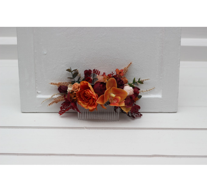Burnt Orange, Red & Burgundy Flower Comb – Bold Faux Bridal Hair Accessory