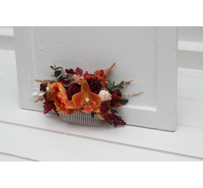Burnt Orange, Red & Burgundy Flower Comb – Bold Faux Bridal Hair Accessory