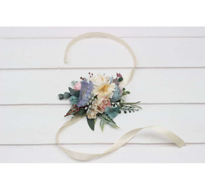 Wedding Boutonnieres & Wrist Corsage in Dusty Blue, Blush Pink & Yellow | Wildflower Faux Flower Accessories