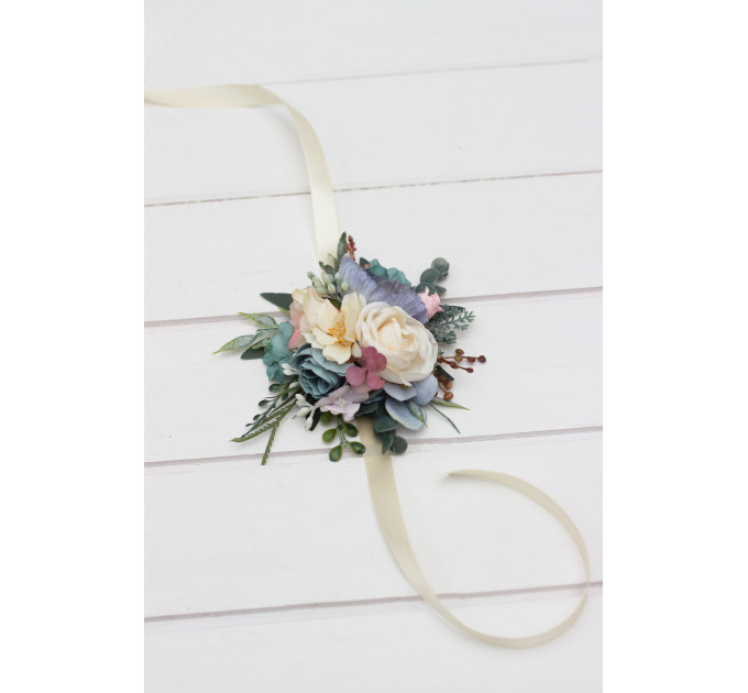 Wedding Boutonnieres & Wrist Corsage in Dusty Blue, Blush Pink & Yellow | Wildflower Faux Flower Accessories