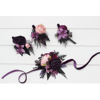  Wedding boutonnieres and wrist corsage  in purple fuchsia candy pink and black color scheme. Flower accessories. 5228
