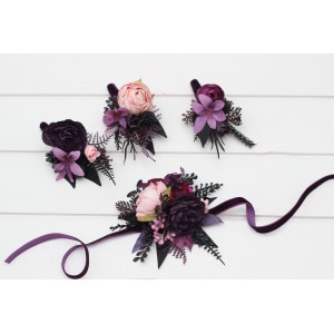  Wedding boutonnieres and wrist corsage  in purple fuchsia candy pink and black color scheme. Flower accessories. 5228