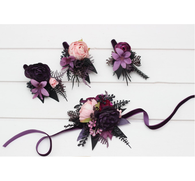 Wedding Boutonnieres and Wrist Corsage in Purple, Fuchsia, Pink & Black – Elegant Flower Accessories