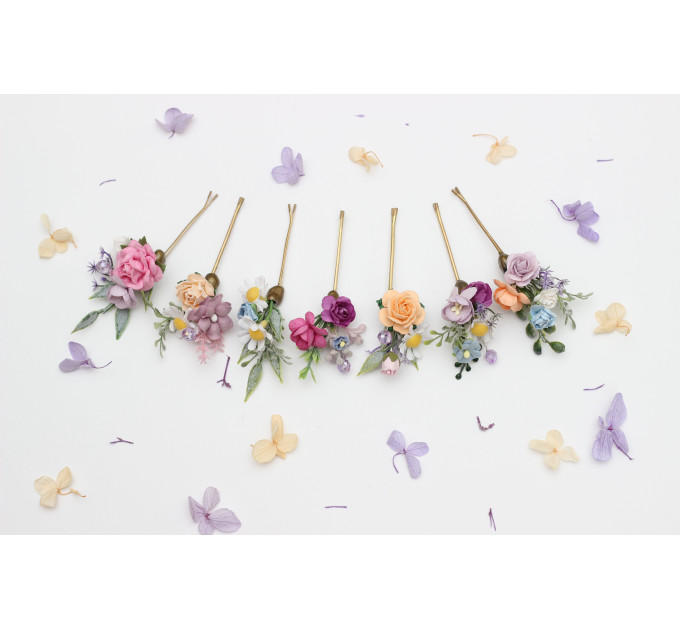 Set of 7 Colorful Flower Hair Pins | Peach, Lilac, Pink, Dusty Blue Wildflowers | Bridesmaid Gift