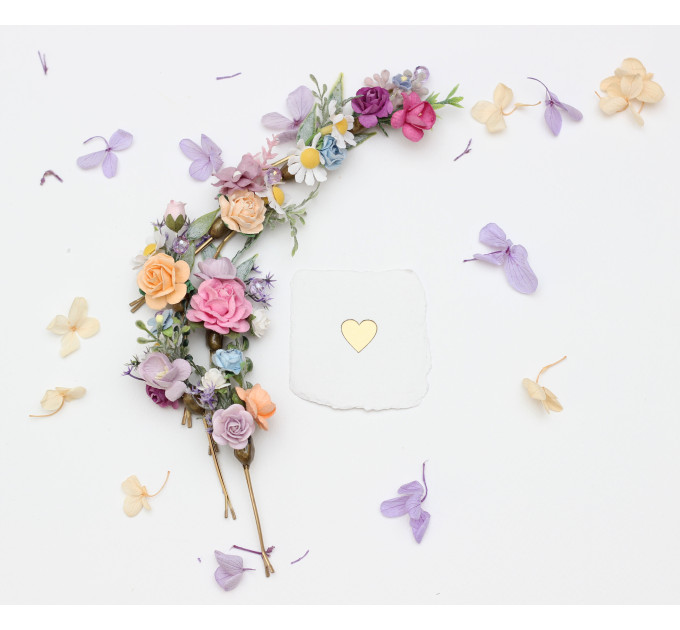 Set of 7 Colorful Flower Hair Pins | Peach, Lilac, Pink, Dusty Blue Wildflowers | Bridesmaid Gift