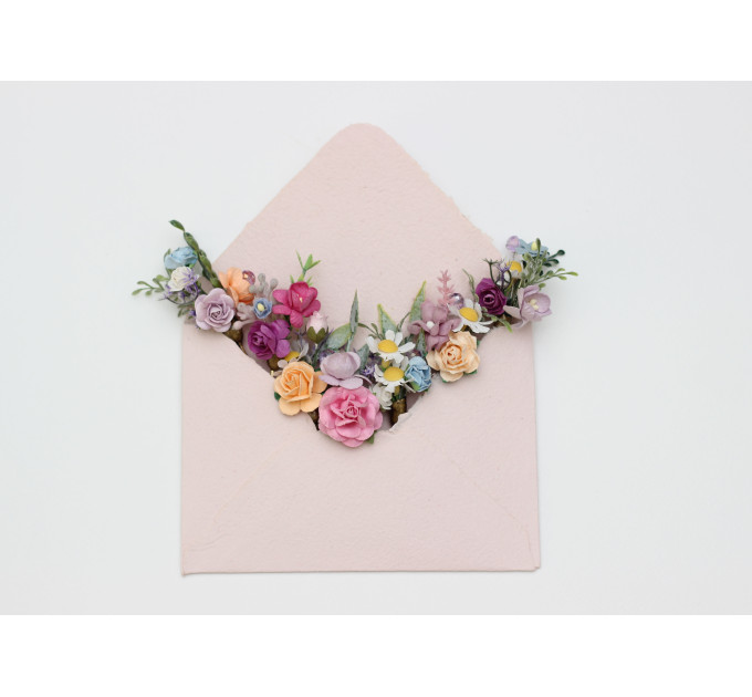 Set of 7 Colorful Flower Hair Pins | Peach, Lilac, Pink, Dusty Blue Wildflowers | Bridesmaid Gift