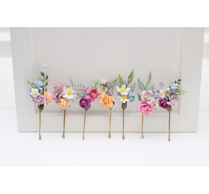 Set of 7 Colorful Flower Hair Pins | Peach, Lilac, Pink, Dusty Blue Wildflowers | Bridesmaid Gift