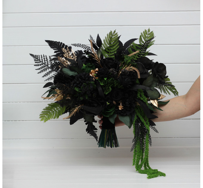 Moody Forest Green and Black Gold Bridal Bouquet for Gothic or Halloween Weddings