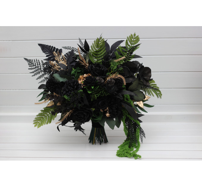Moody Forest Green and Black Gold Bridal Bouquet for Gothic or Halloween Weddings