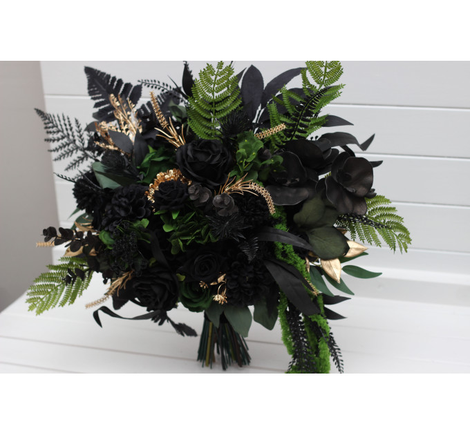 Moody Forest Green and Black Gold Bridal Bouquet for Gothic or Halloween Weddings