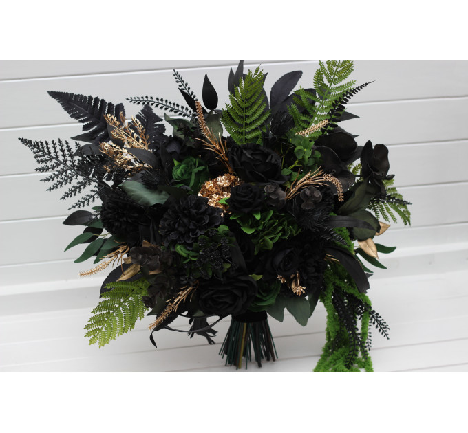 Moody Forest Green and Black Gold Bridal Bouquet for Gothic or Halloween Weddings