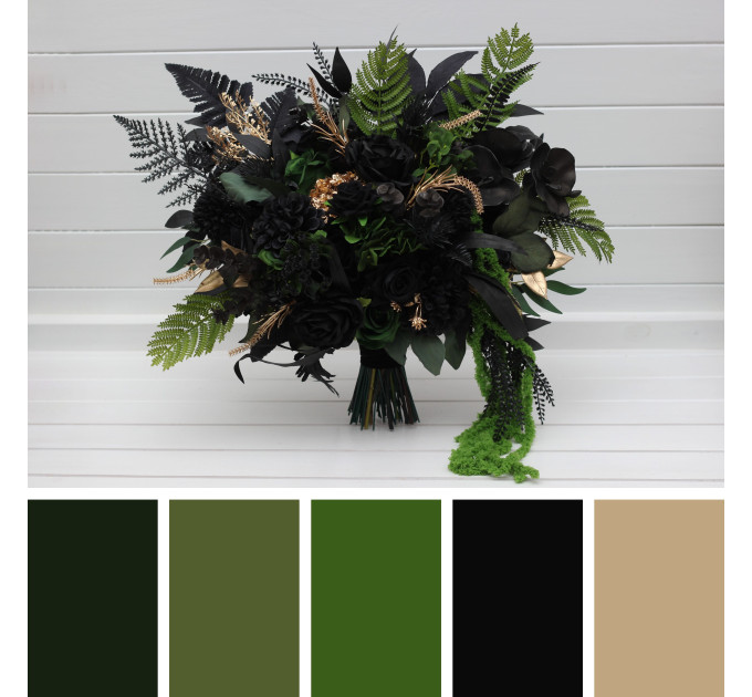 Moody Forest Green and Black Gold Bridal Bouquet for Gothic or Halloween Weddings