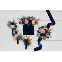  Wedding boutonnieres and wrist corsage  in a peach and navy blue color scheme. Flower accessories. 5408