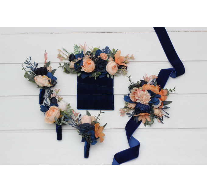 Peach & Navy Blue Wedding Boutonnieres and Wrist Corsages – Sophisticated Faux Flower Accessories