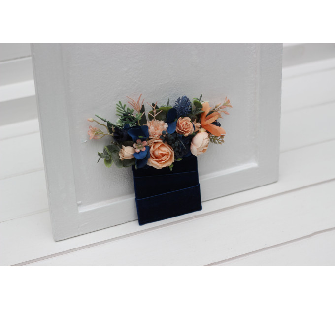 Peach & Navy Blue Wedding Boutonnieres and Wrist Corsages – Sophisticated Faux Flower Accessories
