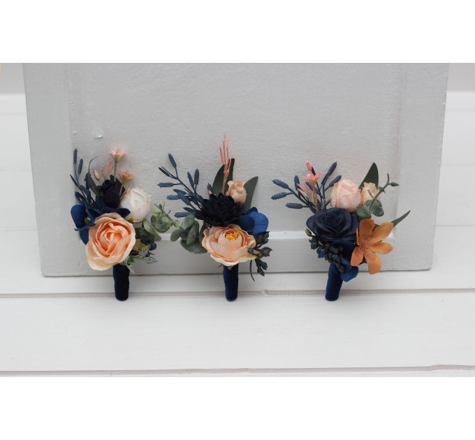 Peach & Navy Blue Wedding Boutonnieres and Wrist Corsages – Sophisticated Faux Flower Accessories