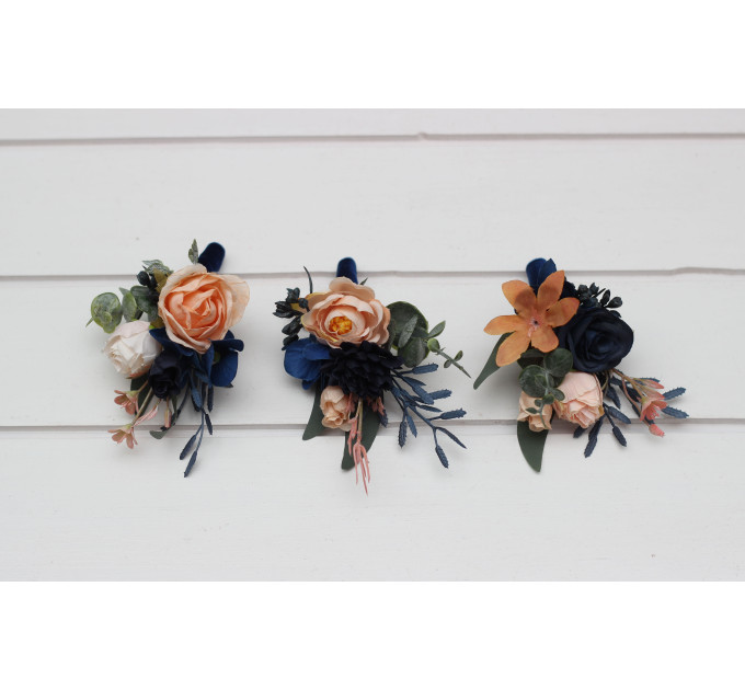 Peach & Navy Blue Wedding Boutonnieres and Wrist Corsages – Sophisticated Faux Flower Accessories