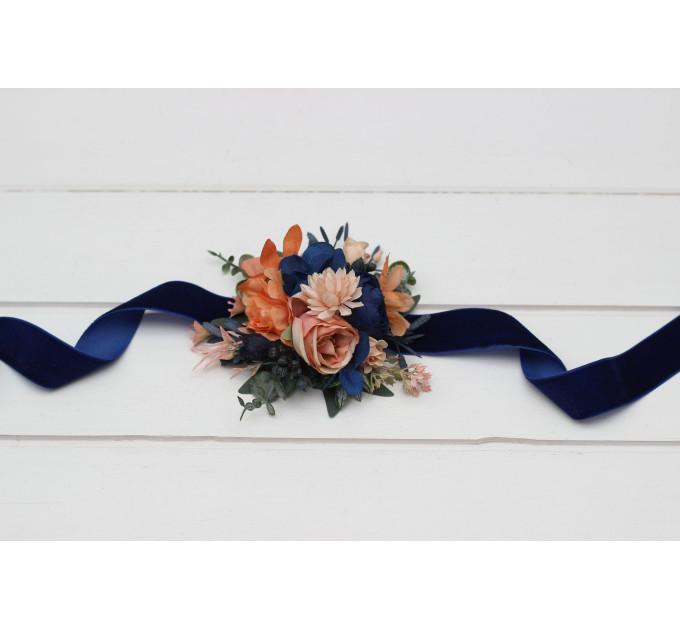 Peach & Navy Blue Wedding Boutonnieres and Wrist Corsages – Sophisticated Faux Flower Accessories
