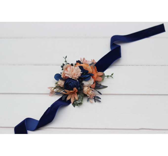 Peach & Navy Blue Wedding Boutonnieres and Wrist Corsages – Sophisticated Faux Flower Accessories