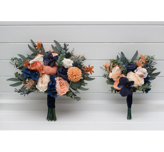 Peach & Navy Blue Cascading Bridal Bouquet – Elegant Faux Florals for Weddings