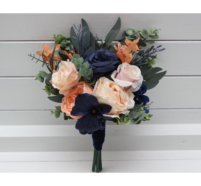 Peach & Navy Blue Cascading Bridal Bouquet – Elegant Faux Florals for Weddings
