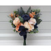 Peach & Navy Blue Cascading Bridal Bouquet – Elegant Faux Florals for Weddings