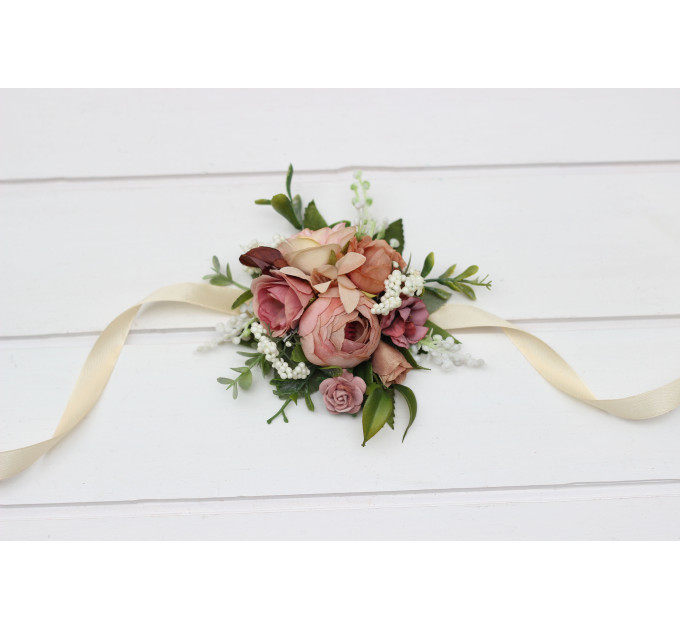 Dusty Rose, Olive, Beige & Brown Wedding Boutonnieres and Wrist Corsages – Faux Floral Accessories