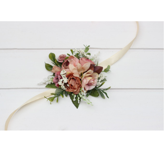 Dusty Rose, Olive, Beige & Brown Wedding Boutonnieres and Wrist Corsages – Faux Floral Accessories