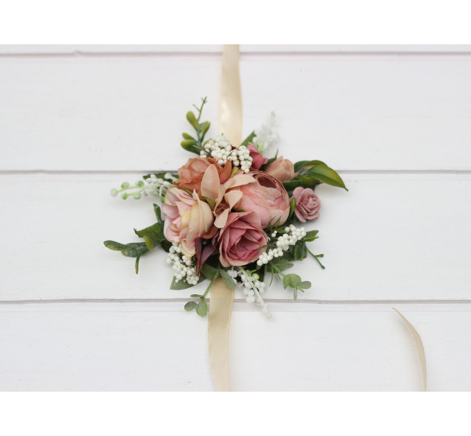 Dusty Rose, Olive, Beige & Brown Wedding Boutonnieres and Wrist Corsages – Faux Floral Accessories