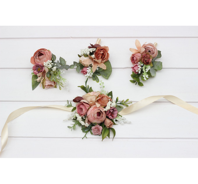 Dusty Rose, Olive, Beige & Brown Wedding Boutonnieres and Wrist Corsages – Faux Floral Accessories