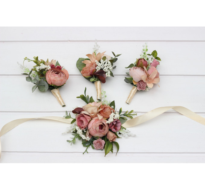 Dusty Rose, Olive, Beige & Brown Wedding Boutonnieres and Wrist Corsages – Faux Floral Accessories