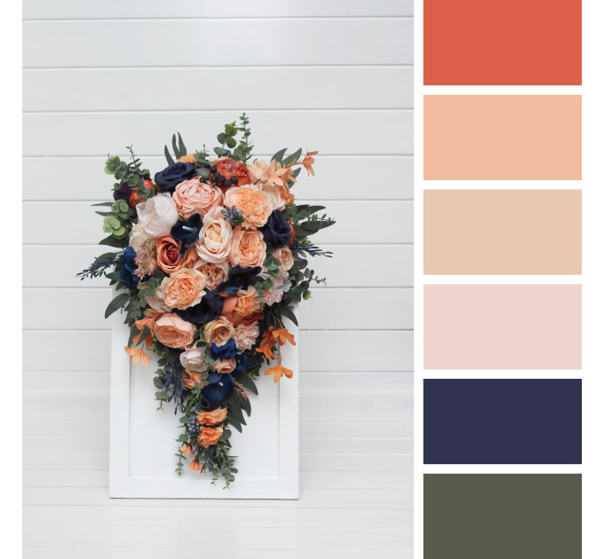 Peach & Navy Blue Cascading Bridal Bouquet – Elegant Faux Florals for Weddings