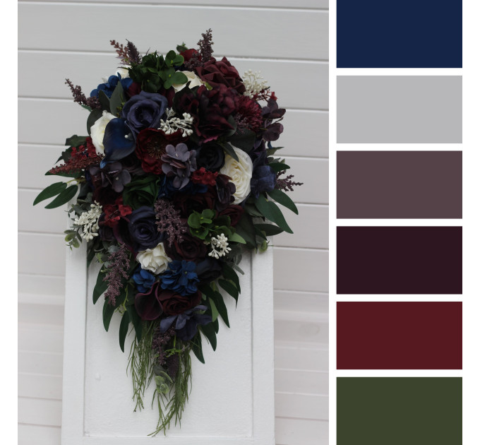 Purple, Ivory, Emerald, Burgundy & Navy Blue Cascading Bridal Bouquet in Dramatic Wedding Tones
