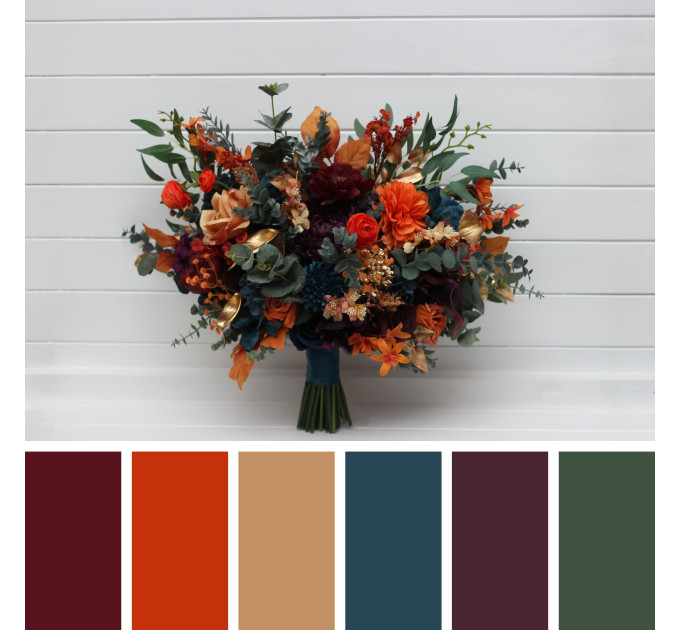 Teal, Rust, Gold, Plum & Mustard Wedding Bouquets – Jewel-Tone Faux Blooms for Bride and Bridesmaids