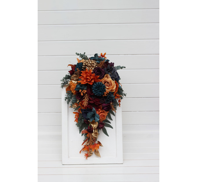 Teal, Rust, Gold, Plum & Mustard Wedding Bouquets – Jewel-Tone Faux Blooms for Bride and Bridesmaids