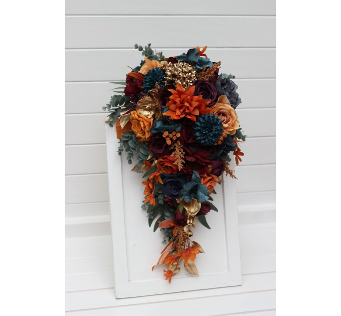 Teal, Rust, Gold, Plum & Mustard Wedding Bouquets – Jewel-Tone Faux Blooms for Bride and Bridesmaids