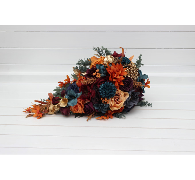 Teal, Rust, Gold, Plum & Mustard Wedding Bouquets – Jewel-Tone Faux Blooms for Bride and Bridesmaids
