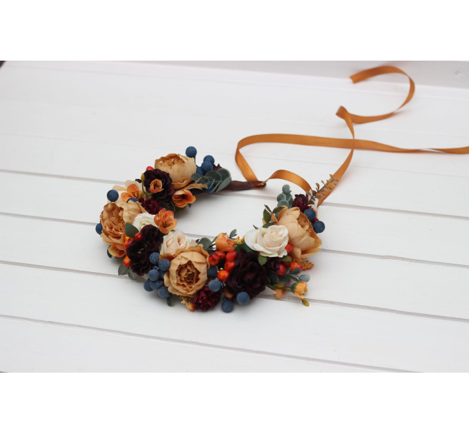 Rust, Burgundy & Ivory Flower Crown – Elegant Faux Hair Wreath for Weddings and Flower Girls